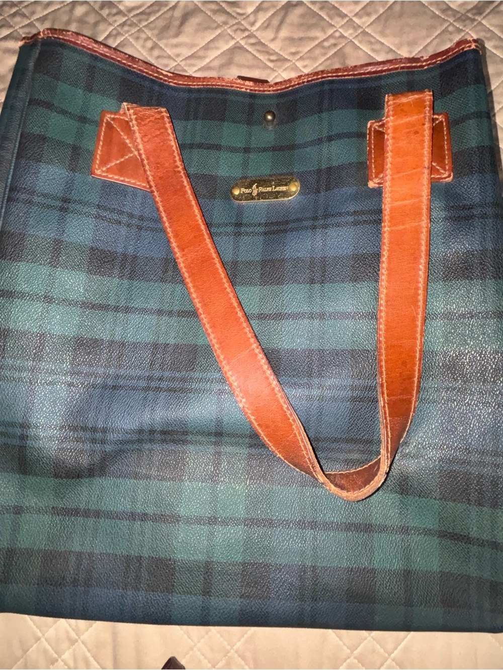 Polo by Ralph Lauren Blackwatch Plaid Tote Bag with Brown Leather Trim - Picture 2 of 7